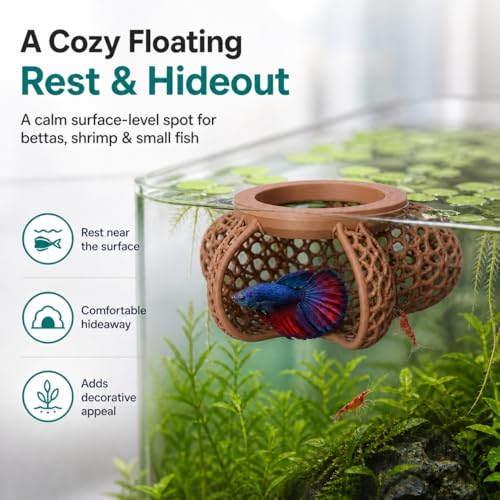 Aquarium Hideout Decor House, Fish Tank Ornament for Small Fish & Shrimp, Floating Cave Decoration for Aquariums(Brown)