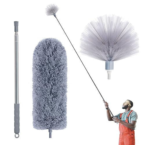 IVYROLL Cobweb Duster with Extension Pole, Spider Web Brush & Ceiling Cleaning Kit, 100" Microfiber Feather Duster Cleaner with Washable Head for Ceiling Fan, Furniture, Home - color: Set A: Spider Web Brush & Ceiling Duster
