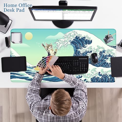 Funny Cat Desk Mat, Desk Matt for Desktop, Surfer Cat DeskPad Mat, XXL Large Mouse Pad for Desks, Anti-Slip Big Mousepad with Stitched Edges, Keyboard Mats for Computer, Work, Office, Game, Home - color: Funny Surfer Cat Battle Great Waves, size: 31.5" x