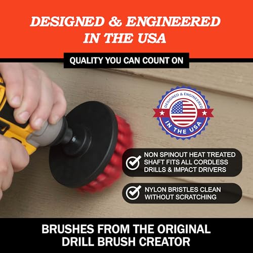 Drillbrush Heavy Duty Stiff Bristle Brush Kit – Power Scrubber Attachment for Concrete, Brick, Siding, Stone, Driveways, Fireplaces, Hard Water Stains, Gravestone & Cemetery Headstone Cleaning Brushes - color: Stiff Red, size: 2in, 4in, 3.5in corner brush