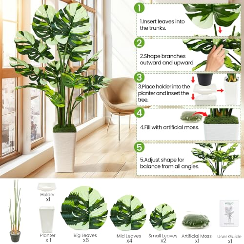UPBUD Artificial Monstera Deliciosa Plant, 5FT Fake Tropical Monstera Tree with White Planter & 12 Lifelike Leaves, 60in Tall Faux Floor Plants Fake Trees for Indoor Office Home Living Room Decor - color: White Leaves White Planter