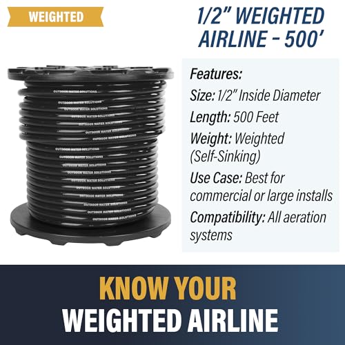 Weighted Airline for Pond Aeration – 1/2" Inside Diameter | 500ft Spool | Self-Sinking Rubber Air Hose | Heavy-Duty Tubing for Aerators & Diffusers | Flexible & Durable - style: 500ft. of 1/2in. Weighted Air Line