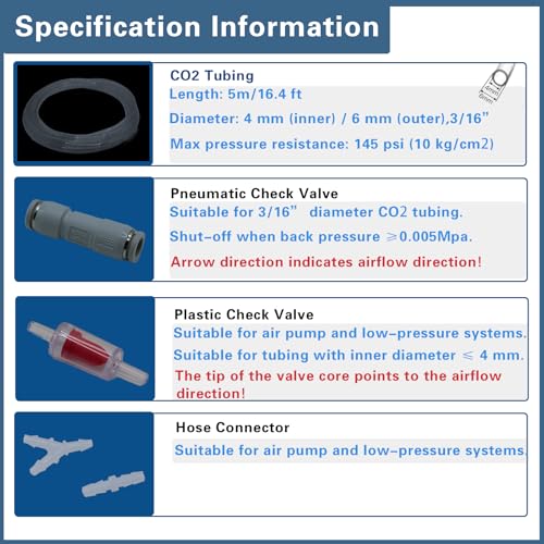 Aquarium CO2 Tubing, Clear Pressure PU Air Tube 3/16" (16.4ft), Explosion-Proof Flexible Kink-Resistant Hose Kit with Check Valve