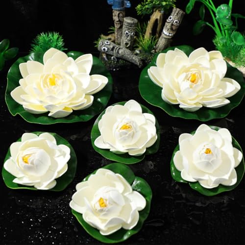 SEWACC Lotus Floating Flower Aquarium Lily Pad 6pcs Artificial Lotus with Water Lily Pad Floating Fake Pond Ornanment for Garden Pond Pool Decoration White