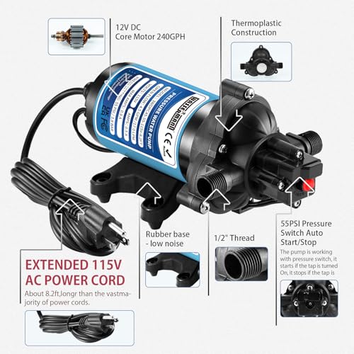 WASSERMANN 115V AC Water Diaphragm Pump,4.5GPM 55PSI 1/2" NPSM with 8.2ft Power Cord & Plug,Self-Priming Fresh Water Pressure Booster Pump,Pressure Switch, for Garden Kitchen Bathroom RV Marine Camper - color: Blue2