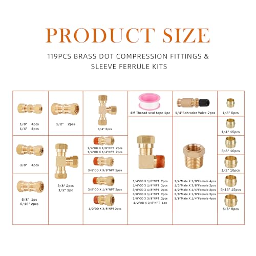 119PCS DOT Air Line Fittings Kit, Brass Compression 6 Size 1/4" 1/8" 3/8" 1/2" 5/8" 5/16" NPT Quick Connect Air Hose Fittings for DOT Air Line - size: 119pcs-1/4"/1/8"/3/8"/1/2"/5/8"/5/16" Kit, style: DOT Air Brake Line Fittings
