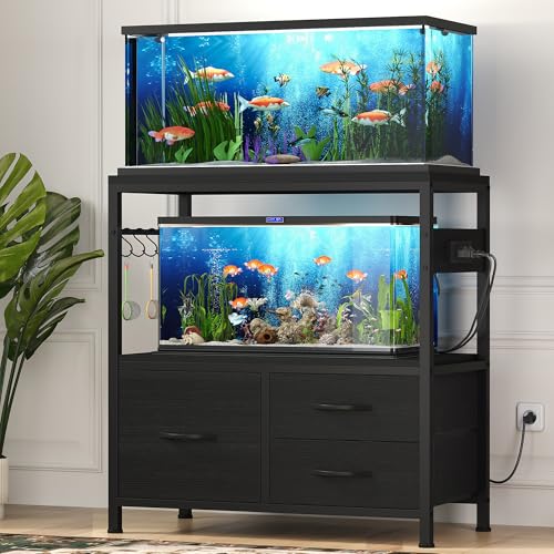 Heybly 20-29 Gallon Fish Tank Stand, Aquarium Stand with Drawer, Power Outlet, Heavy Duty Metal Frame, for Fish Tank, Turtle & Reptile Terrarium, 31.5" x 15.7" Top, 330lbs, Black HAS001BK - color: Black, size: 20-29 gal