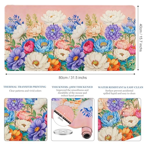 Desk Pad Peony Flowers, Desk Matt for Desktop Women Girls Floral Gaming Mouse pad Extend XXL Large Anti-Slip with Stitched Edges Waterproof Computer Laptop Keyboard Mat for Gaming, Home, Work, Office - color: Peony Flowers, size: 31.5" x 15.7"