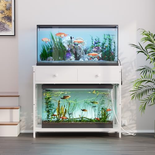 VOWNER 40 Gallon Aquarium Stand with Power Outlet, Metal Frame Fish Tank Stand with Cabinet Storage, Double Turtle Reptile Terrariums Tank Stand, 39.4" L*18.9" W Tabletop, 660LBS Capacity, White - color: White