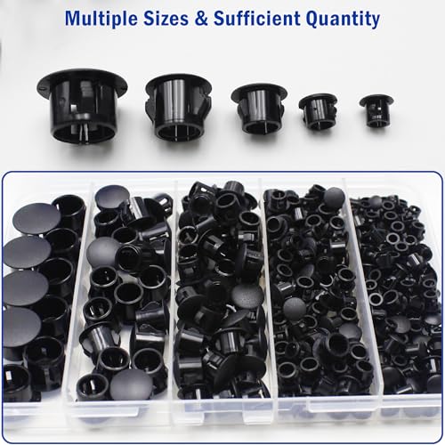 300 PCS 5 Sizes Plastic Hole Plugs Black 3/16, 1/4, 5/16, 3/8, 1/2 Inch Round Hole, Snap in Knockout Locking Flush Type Furniture Hardware Kitchen Cabinet Cupboard Shelves Screw Covers Caps - size: 5 Sizes, Black((3/16“-1/2”, 300 PCS)