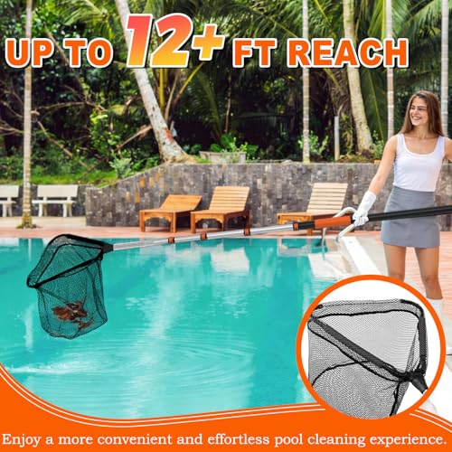 SISIUPASSIE 12FT Pool Skimmer Net with Pole, Foldable & Larger Capacity Pool Net for Cleaning, Telescopic Pool Pole Heavy Duty with Fine Mesh Pool Leaf Net for Above Ground & In-ground Pools - size: 12FT