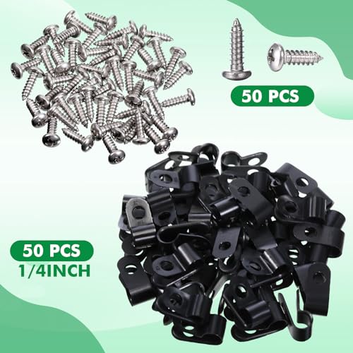 Hicarer 50 Pack R-Type Cable Clip Wire Clamp, Nylon Screw Mounting Cord Fastener Clips with 50 Pack Screws for Wire Management (Black,1/4Inch) - color: Black, size: 1/4 Inch