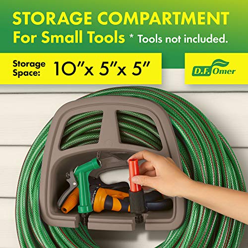 DF OMER Plastic Garden Water Hose Holder, Wall Mount Hose Hanger with Storage Compartment Fits 150 ft. Hose – 10x5x5 in. Weatherproof Hose Hanger for Outside with Shelf for Garden Equipment