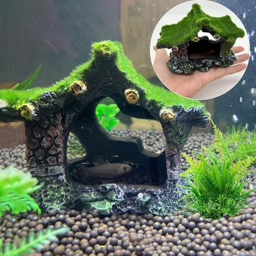 Aquarium Decoration House Resin Hollow Hideout House,Small Betta Fish Hide Accessories Cave Ornament Tank Small Fish Shrimp Hideaway with Moss