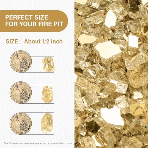 NUPICK 10 Pound Fire Glass for Pit, 1/2 Inch Tempered Reflective Glass for Propane & Gas Fireplace, Gold Rock - color: Gold, size: 10 Pound (1/2")