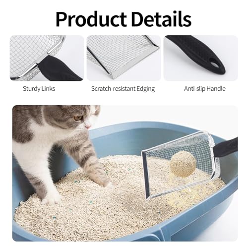 2 PCS Stainless Steel Mesh Cat Litter Scoop, Reptile Sand Scooper, Substrate and Gravel Sifter, Non-Slip Grip, Easy to Clean Reptile Terrarium Sand Waste(3.8mm & 5mm Mesh)