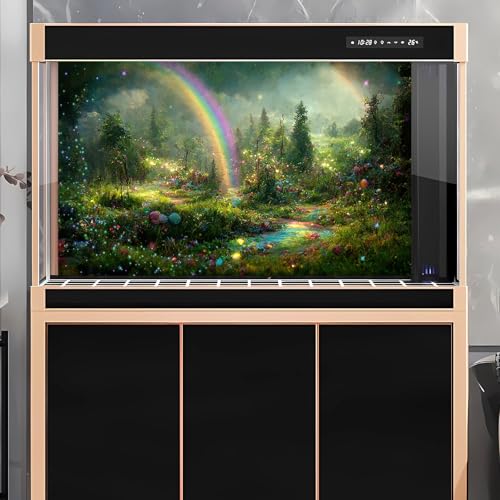 Fantasy Forest Aquarium Background Rainbow Colorful Flowers Terrarium Background Jungle Plants Foggy Misty Rainforest Fish Tank Background Mysterious Forest Reptile Habitat Background Vinyl 24x16in - color: Green Purple, size: 24(W)x16(H)in