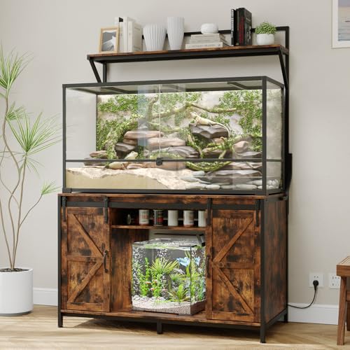 VOWNER Farmhouse Reptile Tank Stand with Power Outlet, 48" X 24" Tabletop Fits up 120 Gallon Bearded Dragon Tank, Heavy Duty Aquarium Stand with Storage Cabinet, Reptile Turtle Terrarium Stand Brown - color: Rustic Brown