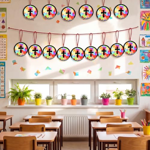 48PCS Sunday School VBS Crafts Bulk: Paper Cross Nativity Suncatchers, Jesus Religious Christian Activity DIY Kits Church Decorations, Window Stained Glass Effect Art Supplies(Round Shape) - style: round shape cross