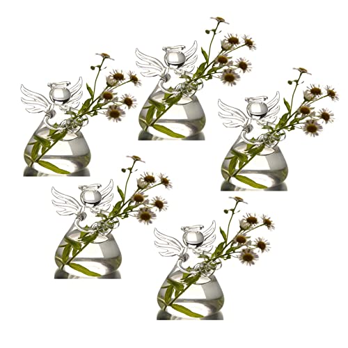 Angel Design Glass Vases Clear Flower Plant Terrarium Container Hanging Vase Wedding Decor Garden Ornaments Hanging Planter (Pack of 5) - size: 5pcs