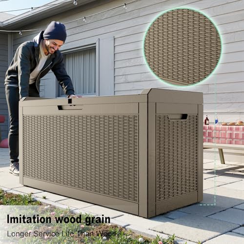 ROJIK Outdoor Storage Housing Deck Box,Waterproof Patio Furniture, Garden Tools, Cushions, Pool Accessories Storage Bench with Lockable Lid and Side Handles (Grey,60 Gallon) - color: Grey, size: 60 Gallon