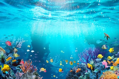 Under The Sea Backdrop 10x8ft Ocean Backdrop Underwater World Coral Turtle Fish Sunlight Decorations Background Aquarium Cake Table Banner Studio Props - color: Marine Blue, size: 10x8ft (300x240cm)
