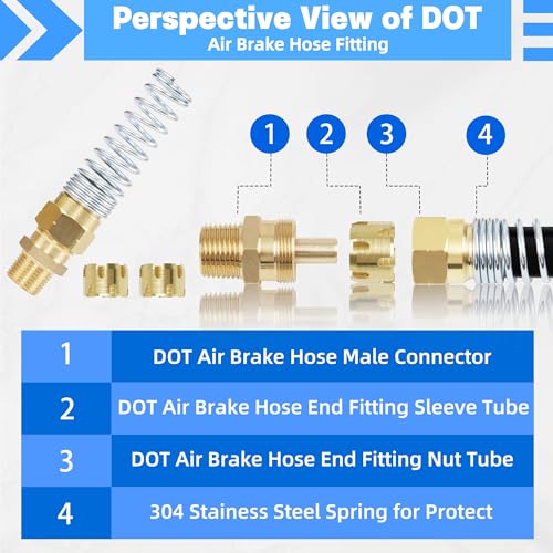 3/8” Hose x 1/2” Male Connector with Spring Guard, Dazakoot 2 Pack Air Brake Hose End Brass Fitting with 2 Pack 3/8” Sleeve Tube - size: 3/8" Hose X 1/2" Male, style: 4PCS KIT