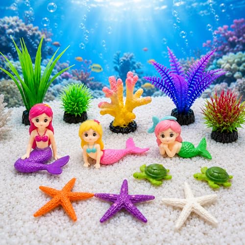 Jetec 13 Pcs Aquarium Mermaid Decor Fish Tank Decoration Mermaid Figurine Starfish Turtle Faux Coral for Ocean Theme DIY Fish Tank Cake Topper Party Accessories