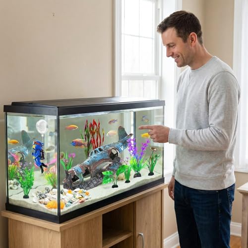 Aaquarium Accessories Set, Betta Fish Hideout Cave, Fish Castle Set | Large Size Resin Plane with 10 Artificial Aquatic Plants, 30-40 Seashells, 1 Floating Diver for Fish Tank Decor - color: Broken Plane