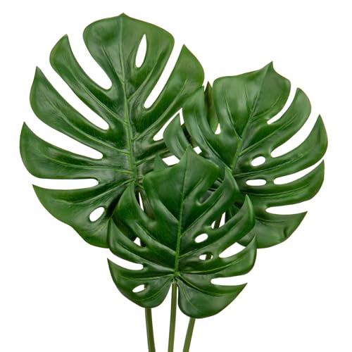 3 Pack Artificial Monstera Leaves with Long Stem for Vase - Fake Tropical Plants Palm Leaves Realistic Philo Turtle Leaves for Home Wedding Party Decor