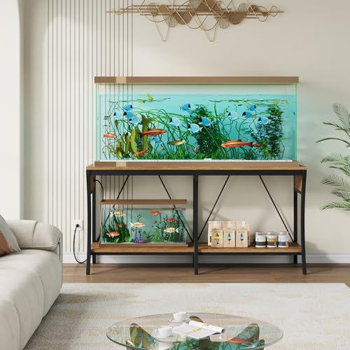 55-90 Gallon Fish Tank Stand with Power Outlets, 2-Tier Aquarium Stand with LED Light Strip & Open Storage Shelves, Heavy Duty Metal Table for Reptile Tank, 1100 LBS Capacity, Light Brown and Black - color: Light Brown and Black
