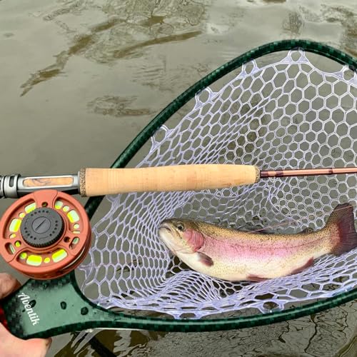 Aventik Fly Floating Fishing Net Carbon Fiber Landing Trout Net Light Weight Clear Rubber Ghost Net Catch & Release - color: ONLY Long Handle Green Net