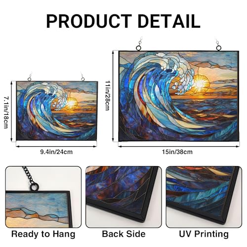 Rectangle Art Nouveau Spiral Ocean Wave Stained Glass Window Hanging, 15" W X 11" H Stained Glass Panel with Chain, Suncatchers for Windows Hanging Decorations, Gifts for Mom, Grandma - color: Art Nouveau Spiral Ocean Wave 1, size: 9.4x7.1 IN