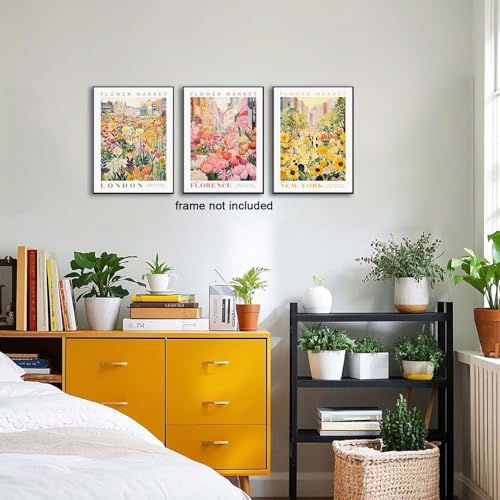 XLARTMY Flower Market Wall Art Print Canvas Yellow Pink Floral Paintings Colorful Botanical Sunflower Artwork Travel Poster for Decor Picture 3 pieces for Living Room Bedroom Bathroom 12x16in Unframed - color: Flower Market-2, size: 12x16in Poster