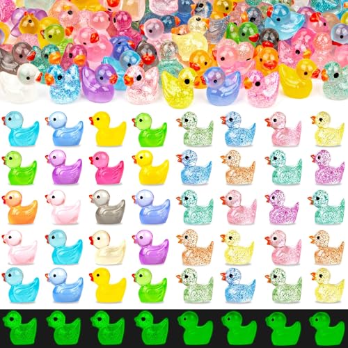 FEXIA 100pcs Mini Ducks Glitter Resin Tiny Ducks Animals Figures to Hide Glow in the Dark Duck Figures for Dollhouse Aquarium Fairy Garden Decor - color: Ducks-100pcs