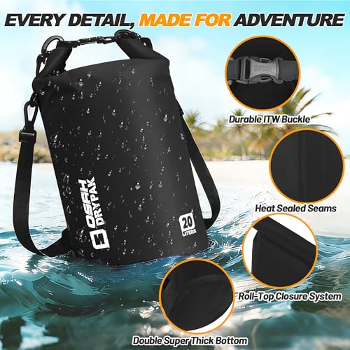 Waterproof Dry Bag, 5L/10L/20L/30L/40L Roll Top Lightweight Storage Backpack with Phone Case for Women & Men, Floating Waterproof Sack for Travel, Swimming, Kayaking, Paddle Board, Camping & Beach - color: BLACK, size: 20L