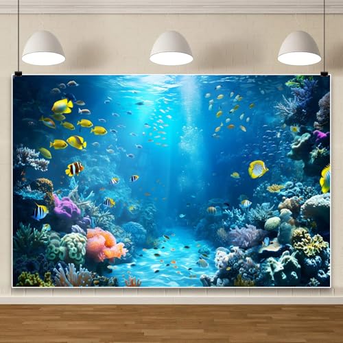 Underwater Aquarium Backdrop 10X8ft Tropical Ocean Fish Coral Under The Sea Theme Decoration Background Kids Birthday Party Baby Shower Supplies Banner Photo Booth Studio Props - color: Ocean-3
