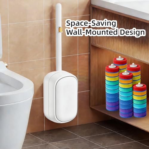 Disposable Toilet Brush and Holder Set with 28 Refills, Wall Mounted Toilet Bowl Cleaner Wand Cleaning System Bathroom Cleaning Supplies (Toilet Brush + 28 Refills)
