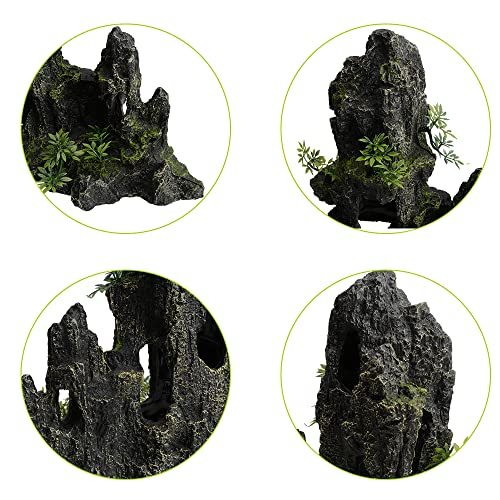 AnRui Large and Tall Aquarium Mountain View Stone Decorations Resin Betta Rock Aquascaping Hiding Cave Ornaments Fish Tank Accessories Decorations with Small Plants - size: 10.62"x4.72"x11.2"