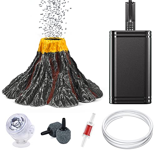 Uniclife Aquarium Volcano Ornament Kit Volcanic Eruption Decoration with Mini Air Pump Red LED Spotlight Air Stone Bubbler Airline Tubing Check Valve Fish Tank Resin Decor for Landscape and Aeration - color: Yellow with Air Pump