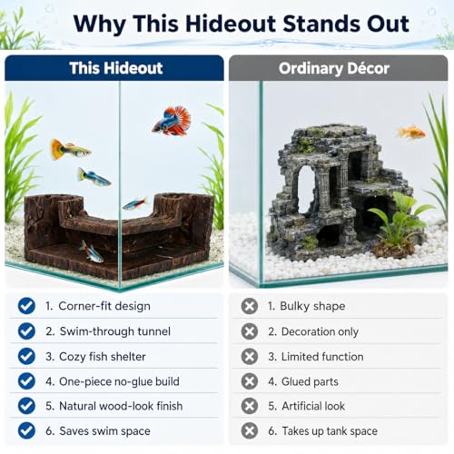 Aquarium Corner Hide Cave – Safe Resin Fish Shelter for Stress Reduction, BPA-Free Tank Decoration, 5.1”x2.7”x1.7” Ideal for Betta, Shrimp & Small Tropical Fish