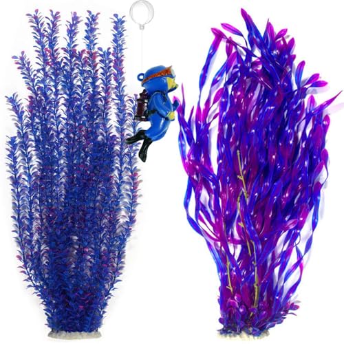 Aquarium Decor Artificial Seaweed Water Plants, Extra Large 23.6 Inches Fish Tank Plastic Plants, Tall Fish Tank Decorations with a Aquarium Diver Ornament (Purple) - color: Purple