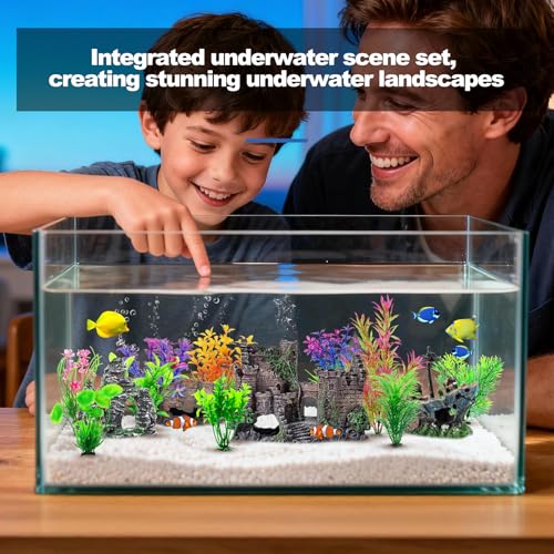14 Pcs Aquarium Decorations Large Kit，Castle Fish Tank Bubbler Decorations，Starfish Barrel, Resin Cave Rock,Resin Material Sunken Ship,Aquarium Plants Large Fish Bowl Ornaments