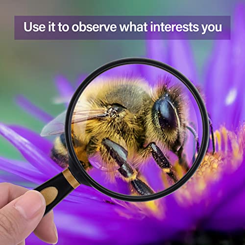 Feosky Handheld Reading Magnifier, 10X Magnifier, 75mm Shatterproof Lens, Non-Slip Handle for Adults Close Work, Seniors Reading and Nature Exploration, Hobby Observation(Gold) - color: Gold, size: 75mm