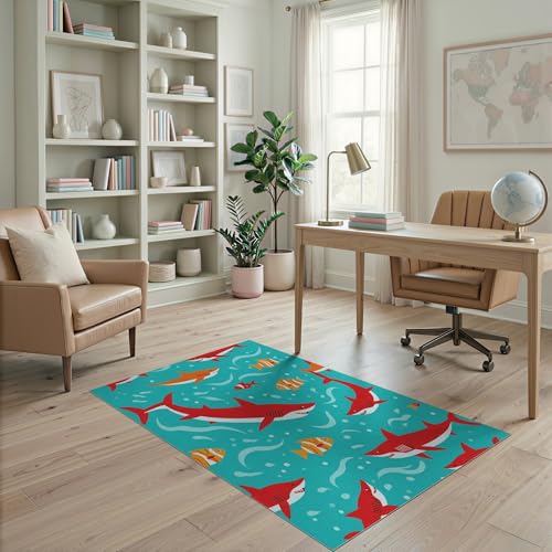 4'x6' Washable Graphic Shark Area Rug, Turquoise Flatwoven Floor Mat for Home Office, Gaming Room, Under Desk, Non-Slip Chair-Friendly Carpet | Ref:2070035 - color: Blue/Pattern 12, size: 4' x 6' (Rectangular)