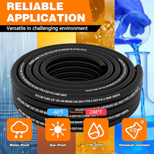 35FT 3/8" DOT Air Line 3/8 SAE J844 PA12 Nylon Air Hose with Cutter 3/8" OD Pneumatic Air LineTubing Pipe Hose for Air Suspension Kit Truck Trailer Brake System &Industrial Fluid Transfer 11M