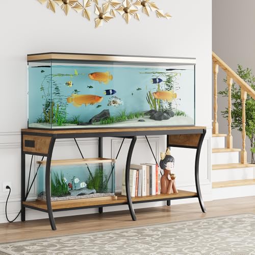 55-90 Gallon Fish Tank Stand with Power Outlets, 2-Tier Aquarium Stand with LED Light Strip & Open Storage Shelves, Heavy Duty Metal Table for Reptile Tank, 1100 LBS Capacity, Light Brown and Black - color: Light Brown and Black