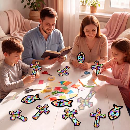 48PCS Sunday School VBS Crafts Bulk: Paper Cross Fish Nativity Suncatchers, Jesus Religious Christian Activity DIY Kits Church Decorations, Window Stained Glass Effect Art Supplies - style: jesus fish and cross