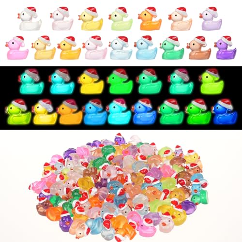 160 Pcs Mini Christmas Resin Ducks Luminous Tiny Ducks Little Glow in The Dark Plastic Ducks for Micro Landscape Garden Aquarium Décor Dollhouse Accessories DIY Craft Slime Making Xmas Decoration
