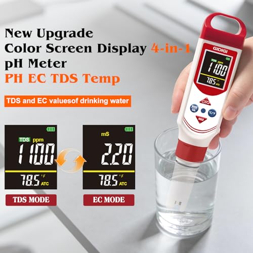pH EC Meter for Hydroponic, Digital pH TDS EC ppm Tester with Color Screen Display, High Accuracy pH Pen Probe for Drinking Water, Nutrient Solution, Aquariums, Pools & Home Use